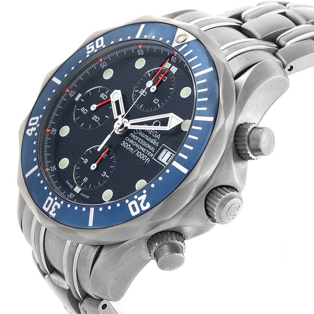 This image shows an angled view of the Omega Seamaster 2298.80.00 Men
s Titanium Blue Dial 2298.80.00 Men
s Titanium Blue Dial watch, highlighting the face, bezel, chronograph dials, and crown.