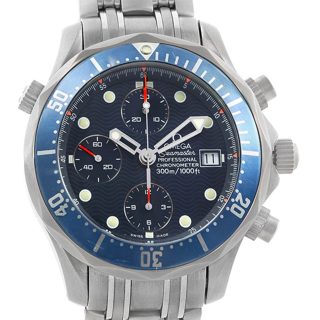 The image shows a frontal view of an Omega Seamaster 2298.80.00 Men
s Titanium Blue Dial 2298.80.00 Men
s Titanium Blue Dial watch, highlighting its dial, bezel, and chronograph buttons.