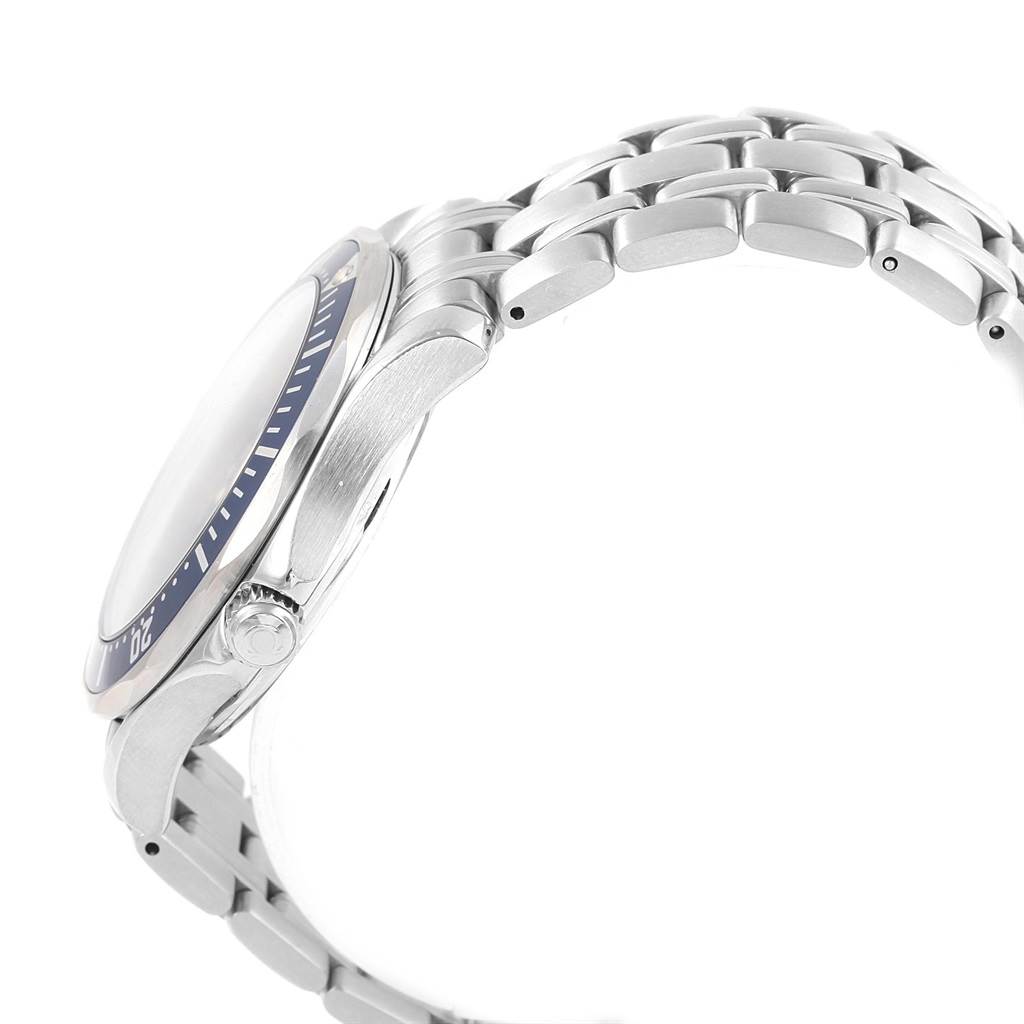 The image shows the side view of an Omega Seamaster 2531.80.00 Men
s Stainless Steel Blue Dial 2531.80.00 Men
s Stainless Steel Blue Dial watch, highlighting the case, bezel, crown, and part of the bracelet.