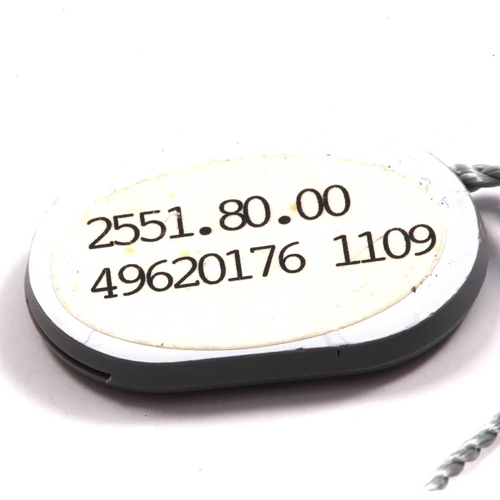 The image shows the model and serial number tag for the Omega Seamaster 2551.80.00 Men's Stainless Steel Blue Dial 2551.80.00 Men's Stainless Steel Blue Dial watch, with model number 2551.80.00 and serial number 49620176.