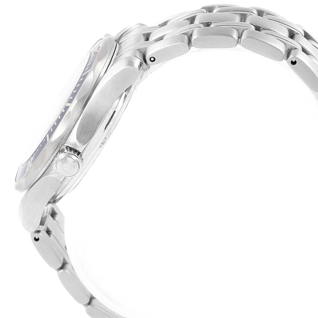 The image shows a side view of the Omega Seamaster 2551.80.00 Men's Stainless Steel Blue Dial 2551.80.00 Men's Stainless Steel Blue Dial watch, highlighting its case, crown, and metal bracelet.