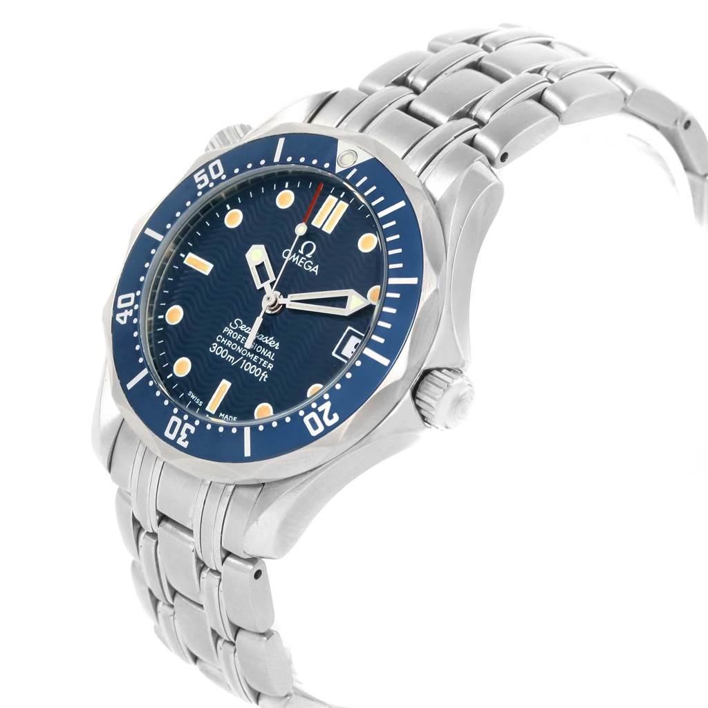 The Omega Seamaster 2551.80.00 Men's Stainless Steel Blue Dial 2551.80.00 Men's Stainless Steel Blue Dial watch is shown at a three-quarter angle, featuring the face, crown, bezel, and stainless steel bracelet.