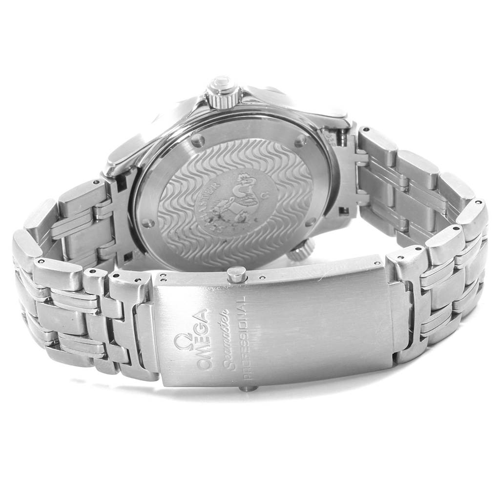 The image shows the back case and clasp of the Omega Seamaster 2551.80.00 Men's Stainless Steel Blue Dial 2551.80.00 Men's Stainless Steel Blue Dial watch, highlighting the bracelet and engraved case back.