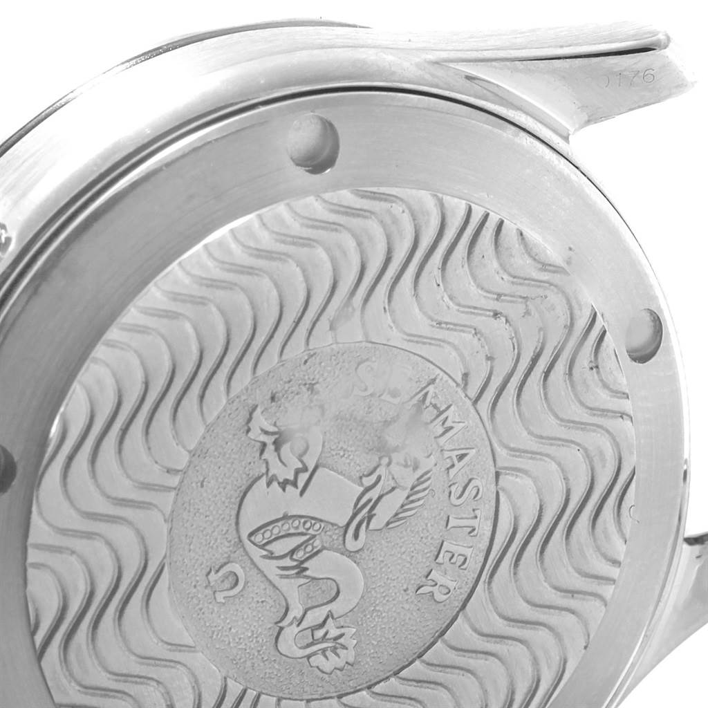 The image shows the case back of the Omega Seamaster 2551.80.00 Men's Stainless Steel Blue Dial 2551.80.00 Men's Stainless Steel Blue Dial watch, featuring the engraved wave pattern and the Seamaster logo.