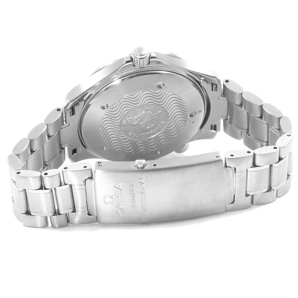 The image shows the back view of an Omega Seamaster 2254.50.00 Men
s Stainless Steel Black Dial 2254.50.00 Men
s Stainless Steel Black Dial watch, displaying the case back and stainless steel bracelet with the clasp.