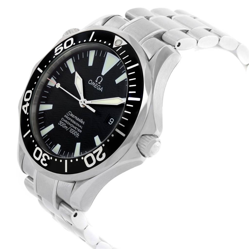 The Omega Seamaster 2254.50.00 Men
s Stainless Steel Black Dial 2254.50.00 Men
s Stainless Steel Black Dial watch is shown at a three-quarter view, displaying its face, bezel, crown, and part of the stainless steel bracelet.