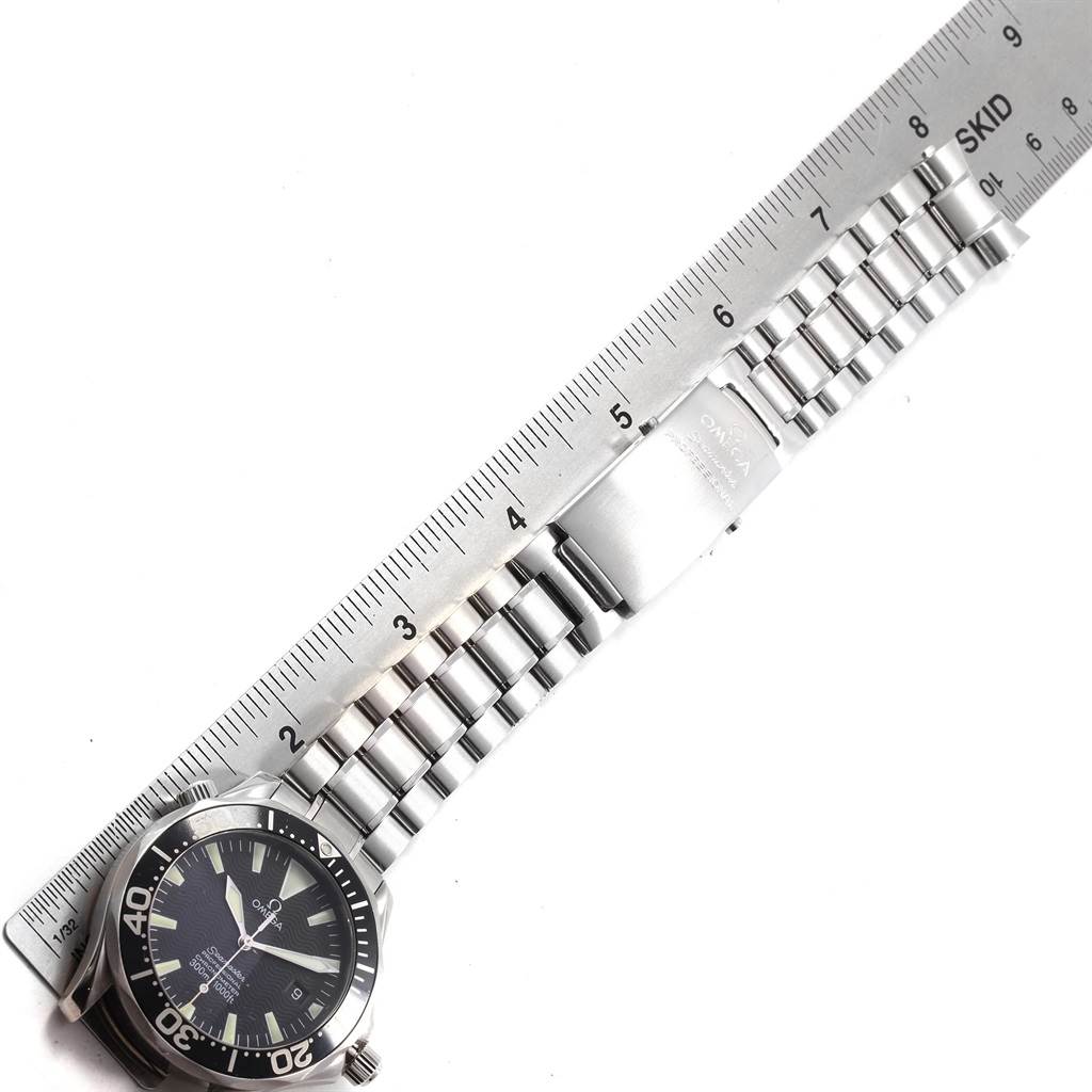 The Omega Seamaster 2254.50.00 Men
s Stainless Steel Black Dial 2254.50.00 Men
s Stainless Steel Black Dial watch is shown from a top view, featuring the watch face, steel bracelet, and a ruler measuring the bracelet length.