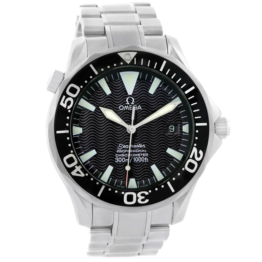 The image shows a front view of an Omega Seamaster 2254.50.00 Men
s Stainless Steel Black Dial 2254.50.00 Men
s Stainless Steel Black Dial watch, displaying the dial, bezel, hands, and stainless steel bracelet.