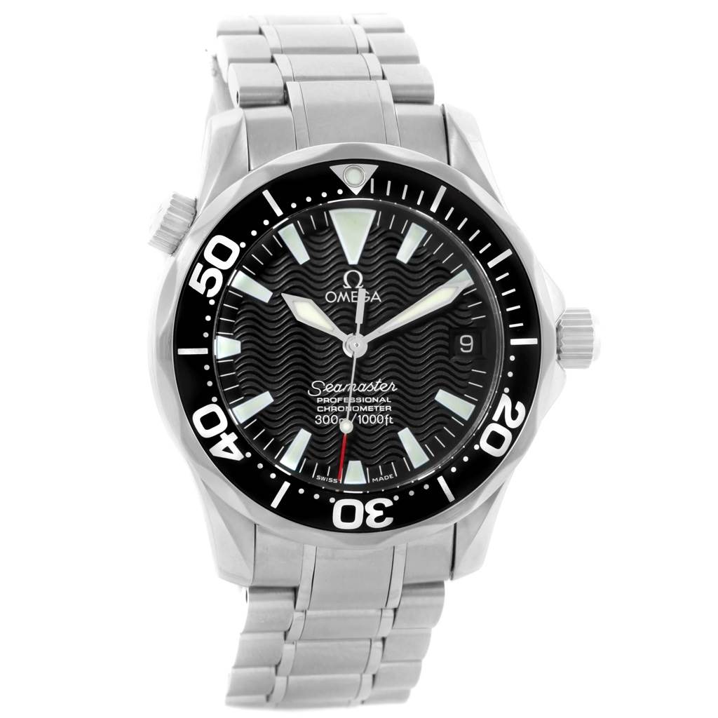 The image shows a front view of an Omega Seamaster 2252.50.00 Men's Stainless Steel Black Dial 2252.50.00 Men's Stainless Steel Black Dial watch, highlighting the dial, bezel, and bracelet.