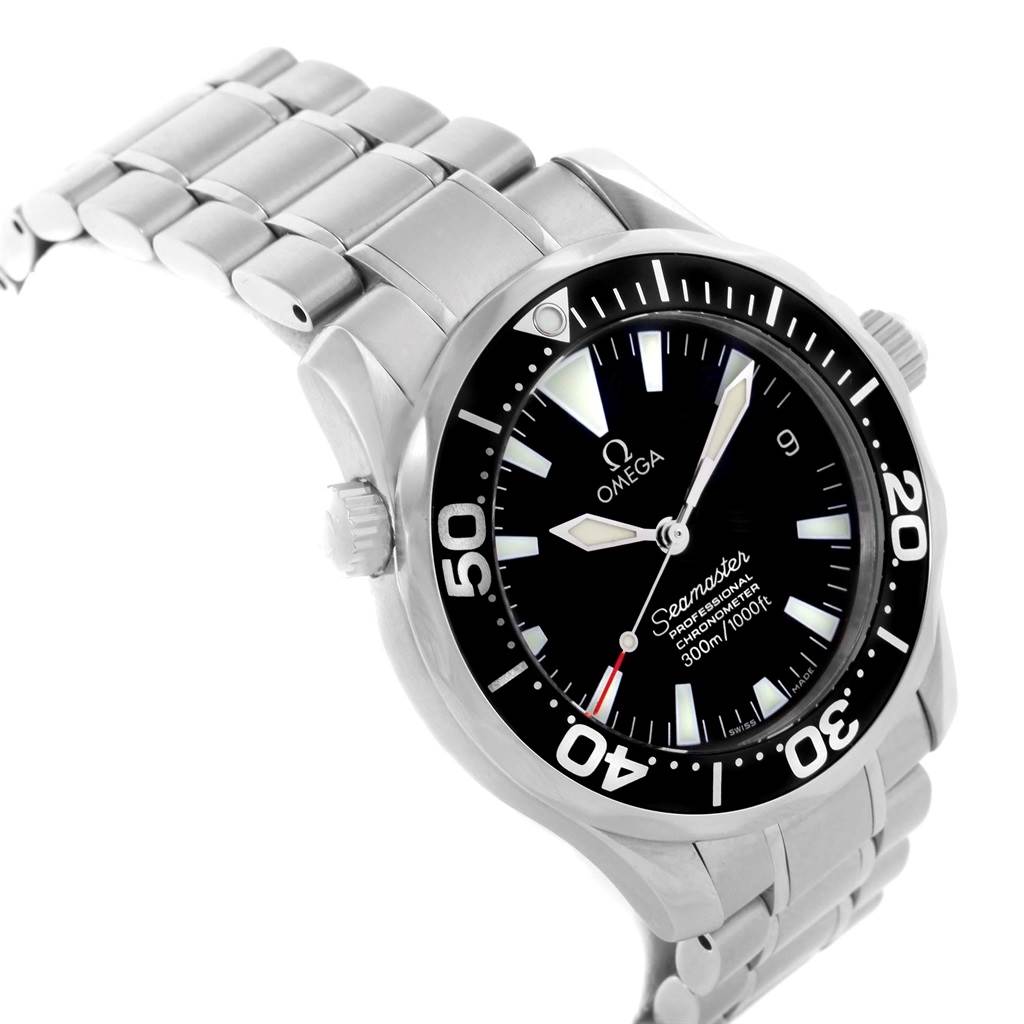 The image shows an angled view of an Omega Seamaster 2252.50.00 Men's Stainless Steel Black Dial 2252.50.00 Men's Stainless Steel Black Dial watch, displaying the face, bezel, and part of the bracelet.