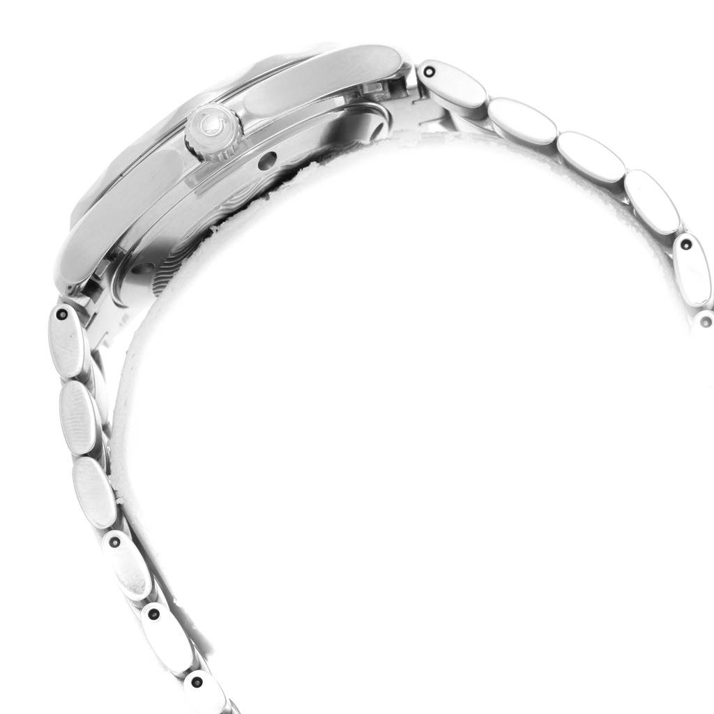 The image shows a side view of an Omega Seamaster 2252.50.00 Men's Stainless Steel Black Dial 2252.50.00 Men's Stainless Steel Black Dial wristwatch highlighting its crown and bracelet.