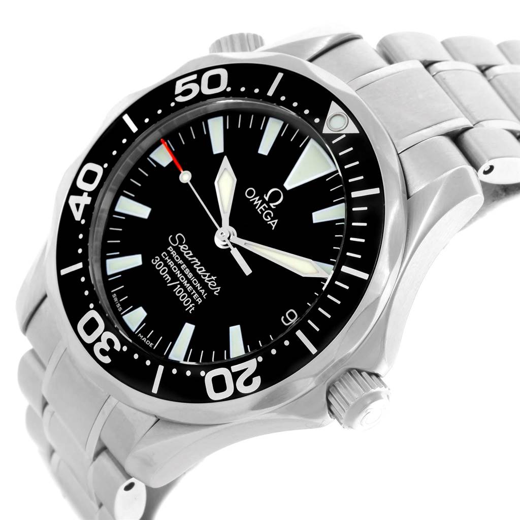 The image displays an Omega Seamaster 2252.50.00 Men's Stainless Steel Black Dial 2252.50.00 Men's Stainless Steel Black Dial watch from a top-angled view, featuring the dial, bezel, and part of the bracelet.