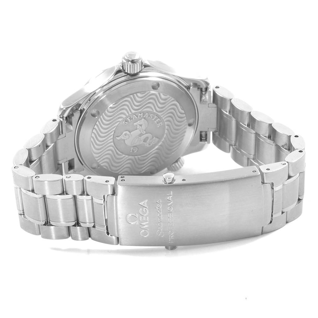 The image shows the back case and bracelet clasp of an Omega Seamaster 2252.50.00 Men's Stainless Steel Black Dial 2252.50.00 Men's Stainless Steel Black Dial watch at an angle.