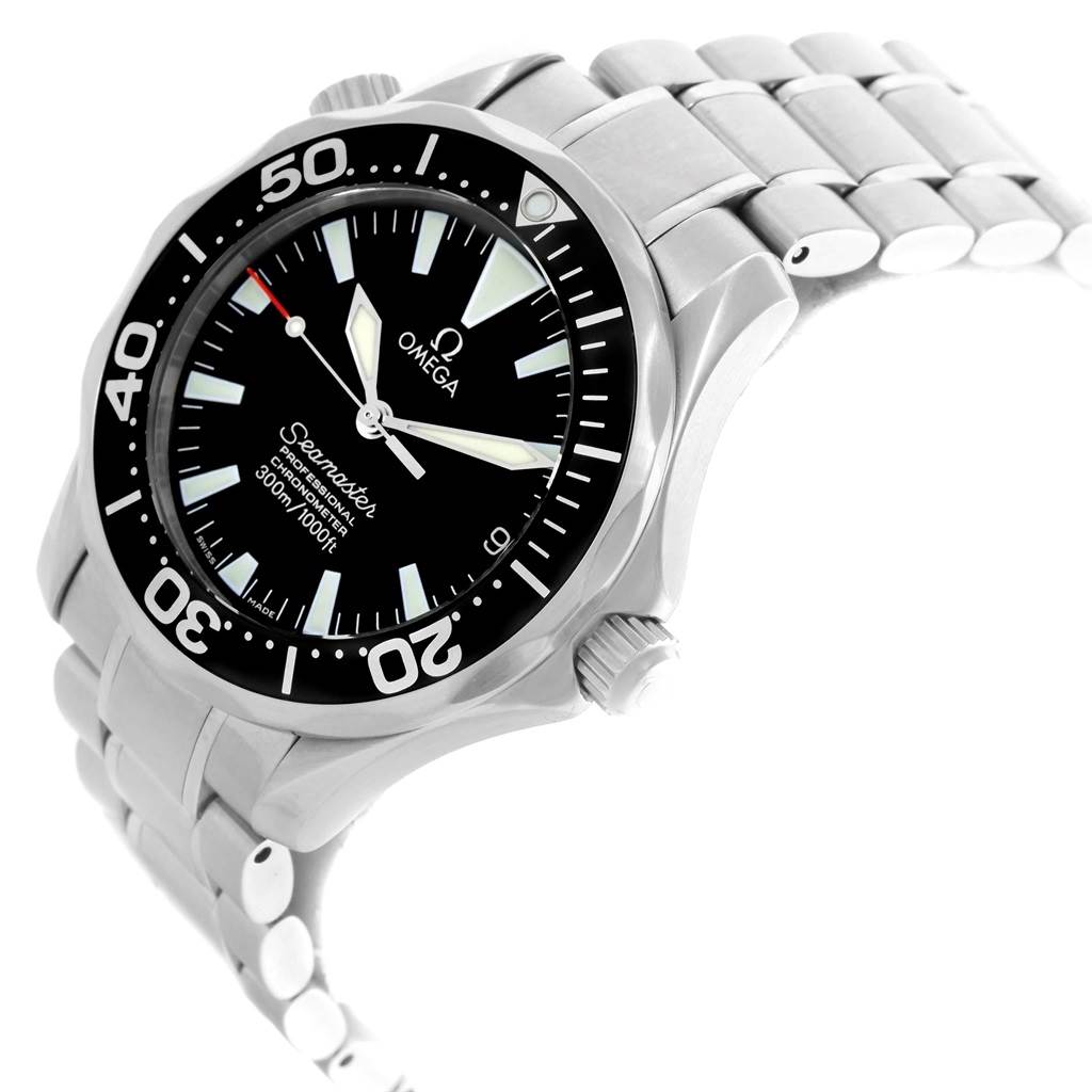 The image shows an Omega Seamaster 2252.50.00 Men's Stainless Steel Black Dial 2252.50.00 Men's Stainless Steel Black Dial watch angled from the side, highlighting its bezel, dial, crown, and bracelet.
