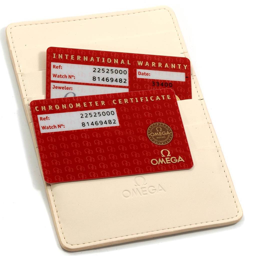 Shown are the International Warranty and Chronometer Certificate cards for the Omega Seamaster 2252.50.00 Men's Stainless Steel Black Dial 2252.50.00 Men's Stainless Steel Black Dial, placed in a beige cardholder.