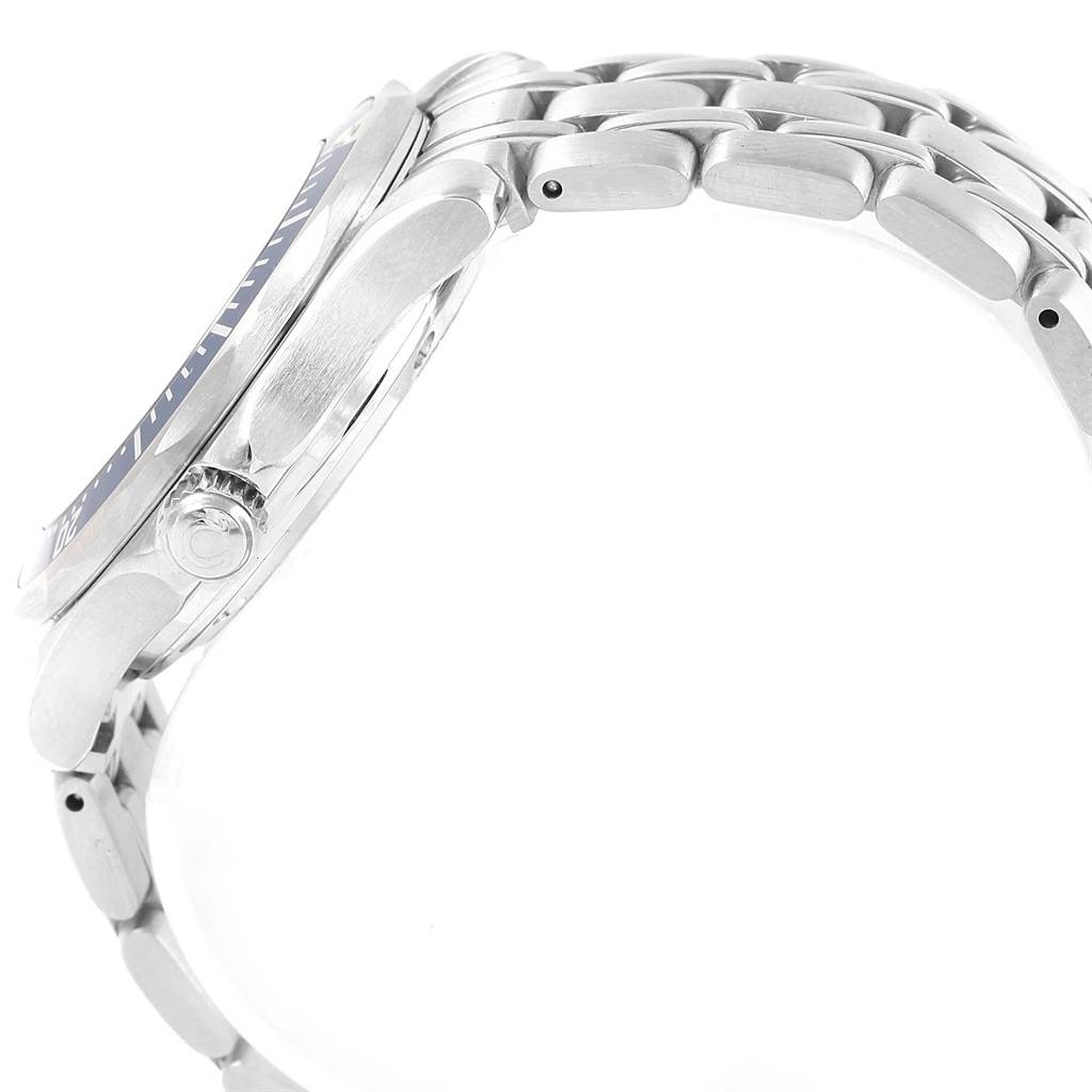 The image shows a side view of the Omega Seamaster 2551.80.00 Men
s Stainless Steel Blue Dial 2551.80.00 Men
s Stainless Steel Blue Dial watch focusing on the case, crown, and a portion of the bracelet.