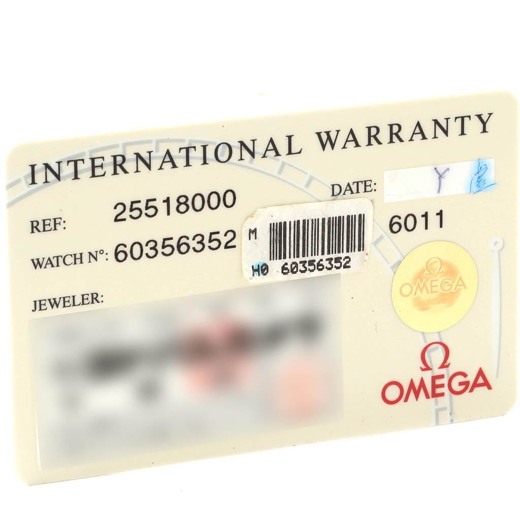 This image shows the international warranty card for an Omega Seamaster 2551.80.00 Men
s Stainless Steel Blue Dial 2551.80.00 Men
s Stainless Steel Blue Dial watch model.
