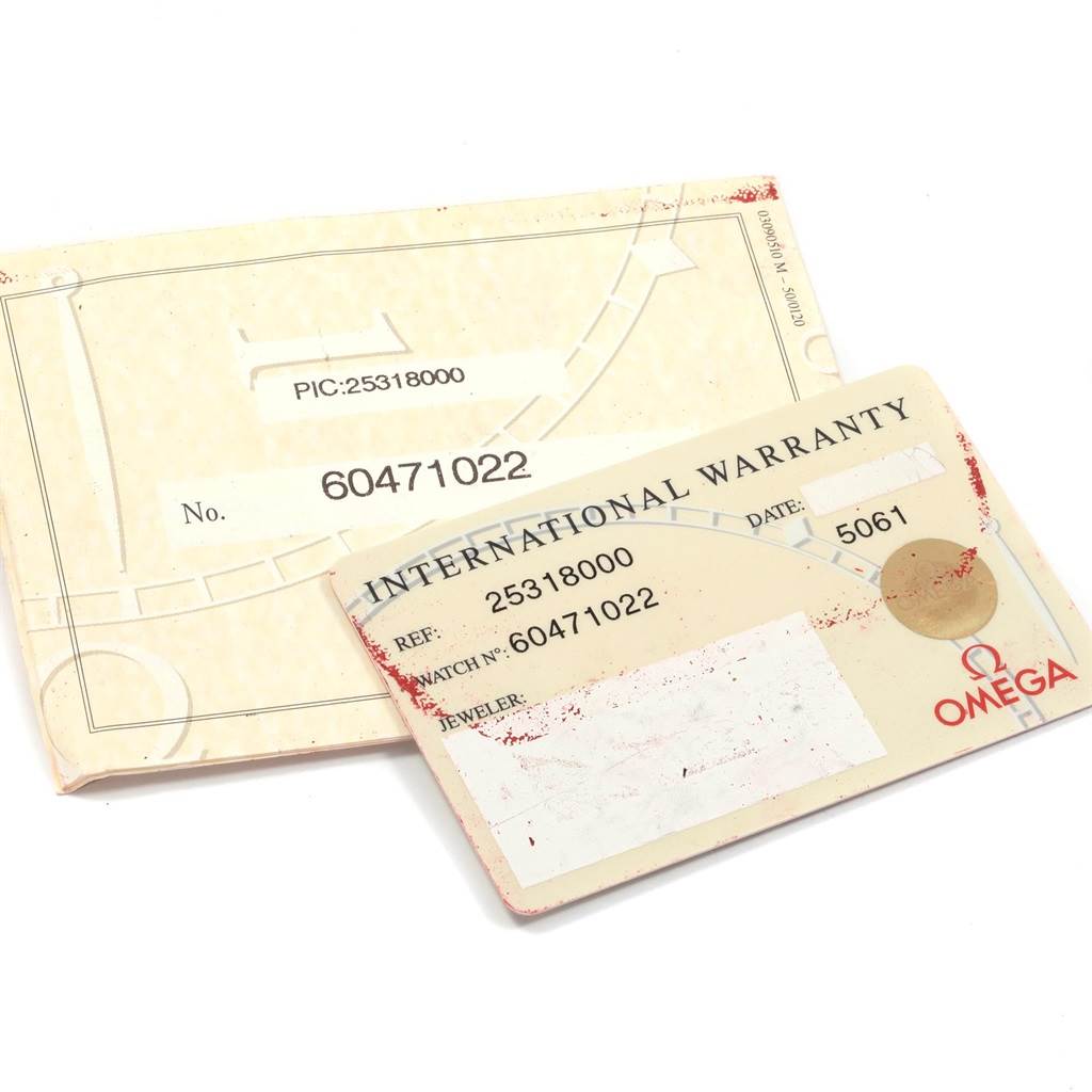 The image shows an International Warranty card and certificate for the Omega Seamaster 2531.80.00 Men
s Stainless Steel Blue Dial 2531.80.00 Men
s Stainless Steel Blue Dial model.