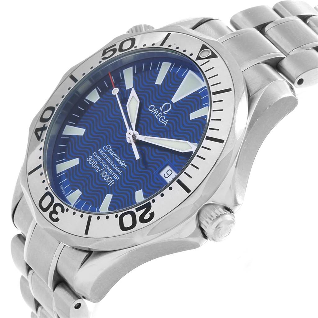 The Seamaster by Omega is shown at a slight angle, highlighting the bezel, crown, and the blue dial with a metal bracelet.