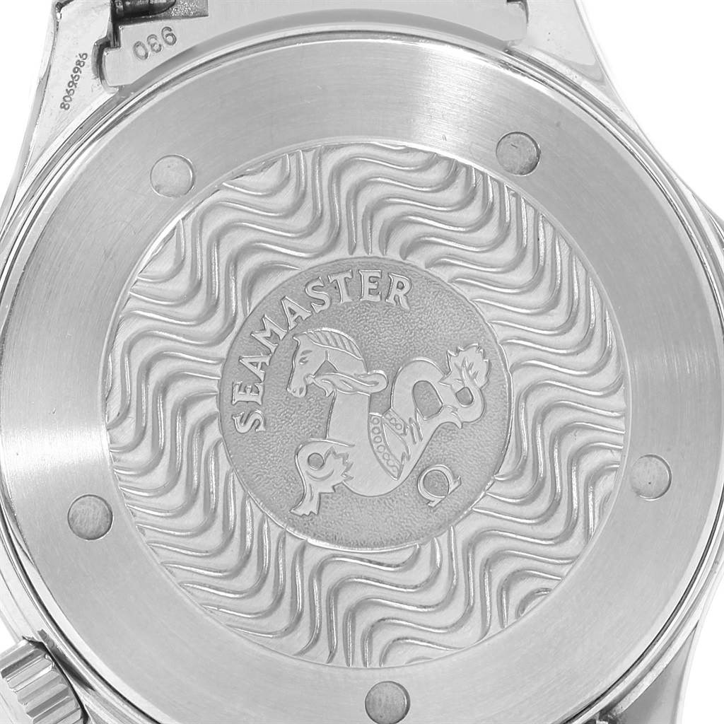 The image shows the case back of an Omega Seamaster 2255.80.00 Men
s Stainless Steel Blue Dial 2255.80.00 Men
s Stainless Steel Blue Dial watch, displaying its logo and emblem.