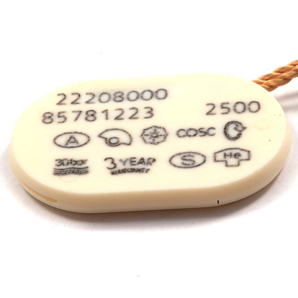 This image shows the certification tag for the Omega Seamaster 2220.80.00 Men
s Stainless Steel Blue Dial 2220.80.00 Men
s Stainless Steel Blue Dial model 2500, displaying warranty and certification symbols.