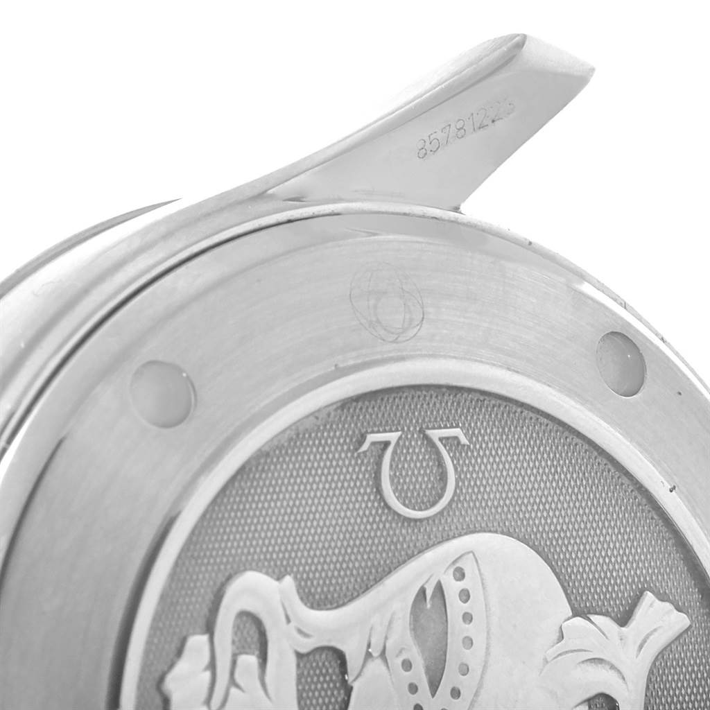 The image shows a close-up of the Omega Seamaster 2220.80.00 Men
s Stainless Steel Blue Dial 2220.80.00 Men
s Stainless Steel Blue Dial watch case back, highlighting its engraving details and serial number.