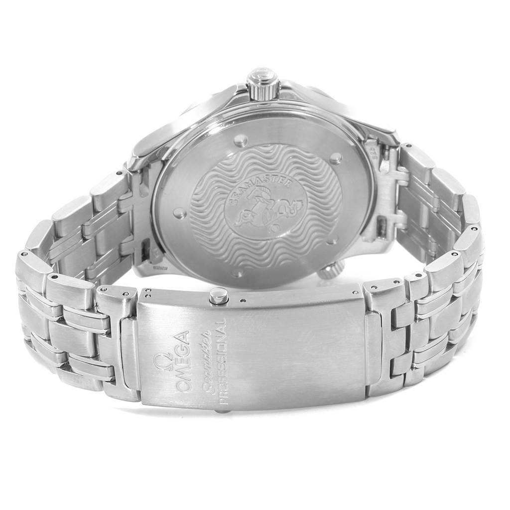 The image shows the back case and the metal bracelet clasp of an Omega Seamaster 2531.80.00 Men's Stainless Steel Blue Dial 2531.80.00 Men's Stainless Steel Blue Dial watch.