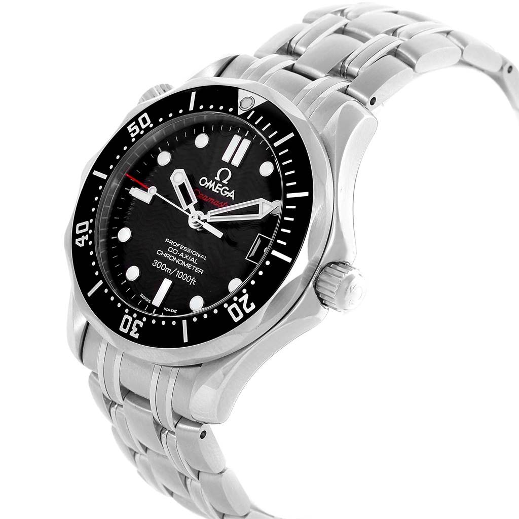 The Omega Seamaster 212.30.36.20.01.001 Men
s Stainless Steel Black Dial 212.30.36.20.01.001 Men
s Stainless Steel Black Dial watch is shown at a three-quarter angle highlighting the dial, bezel, crown, and bracelet.