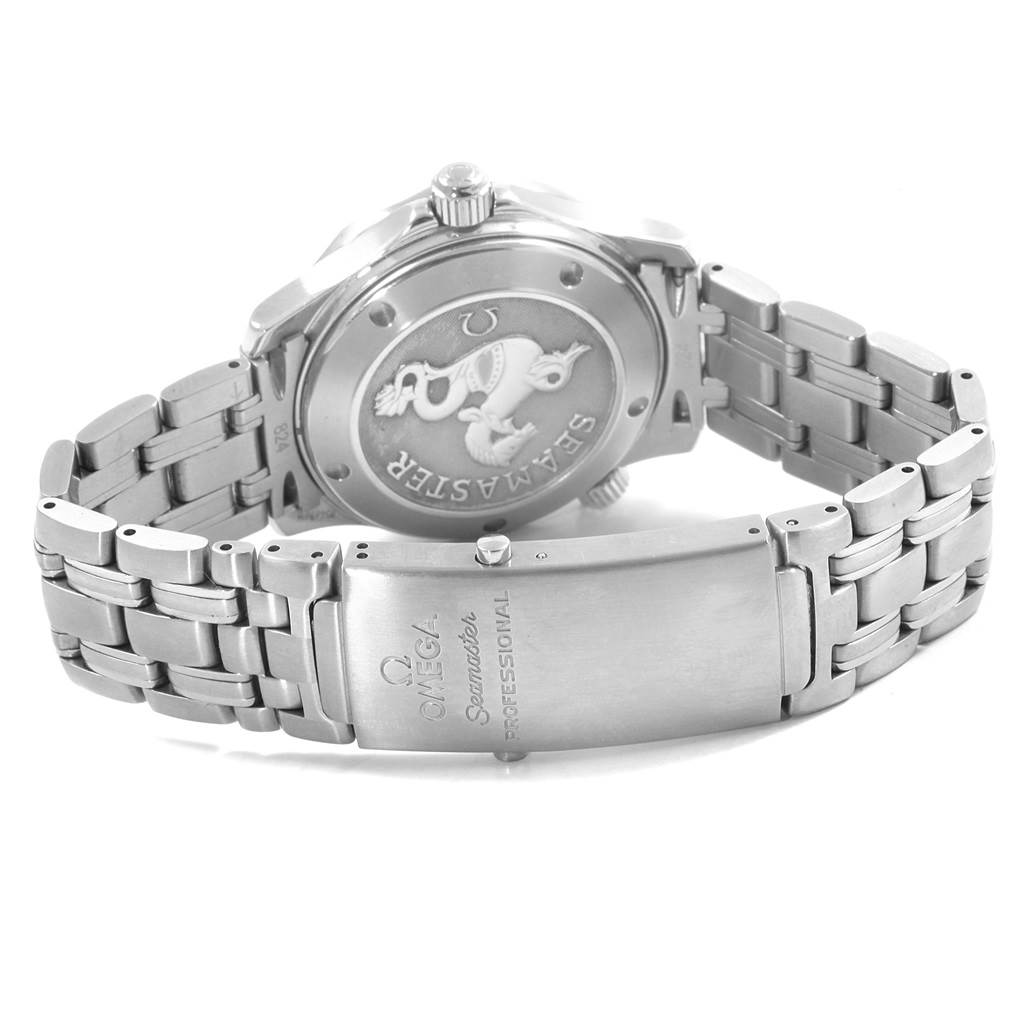 The image shows the back case and bracelet of an Omega Seamaster 212.30.36.20.01.001 Men
s Stainless Steel Black Dial 212.30.36.20.01.001 Men
s Stainless Steel Black Dial watch with an engraving and branded clasp.