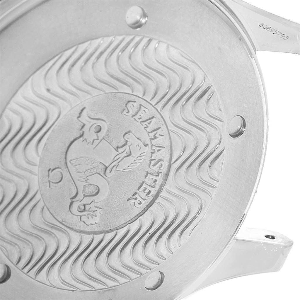 This image shows a close-up of the engraved back case of an Omega Seamaster 2254.50.00 Men
s Stainless Steel Black Dial 2254.50.00 Men
s Stainless Steel Black Dial watch.