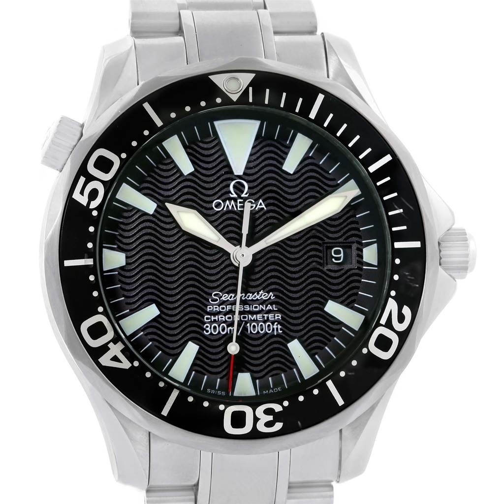 The image shows a front view of an Omega Seamaster 2254.50.00 Men
s Stainless Steel Black Dial 2254.50.00 Men
s Stainless Steel Black Dial watch, highlighting its bezel, dial, hands, and bracelet.