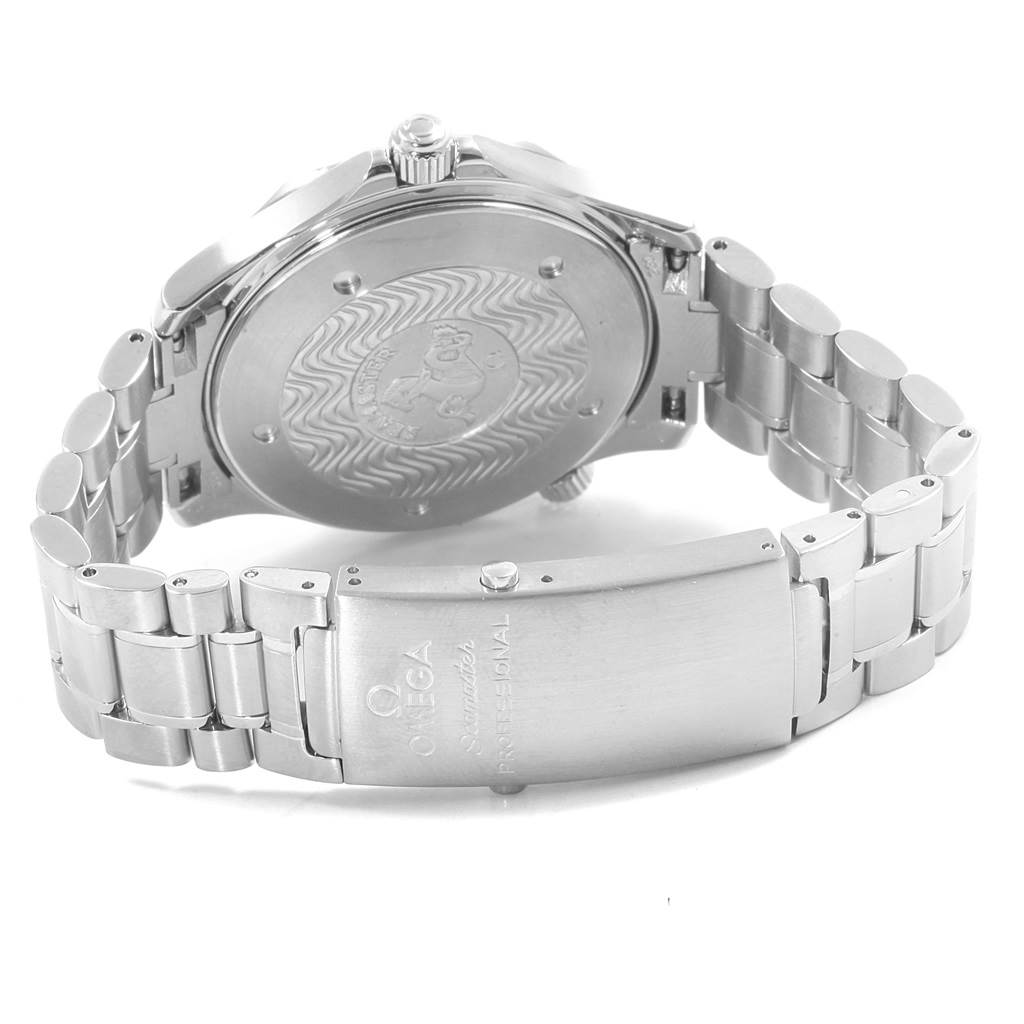 The image shows the back view of an Omega Seamaster 2254.50.00 Men
s Stainless Steel Black Dial 2254.50.00 Men
s Stainless Steel Black Dial watch, highlighting its case back, crown, and stainless steel bracelet with the clasp.