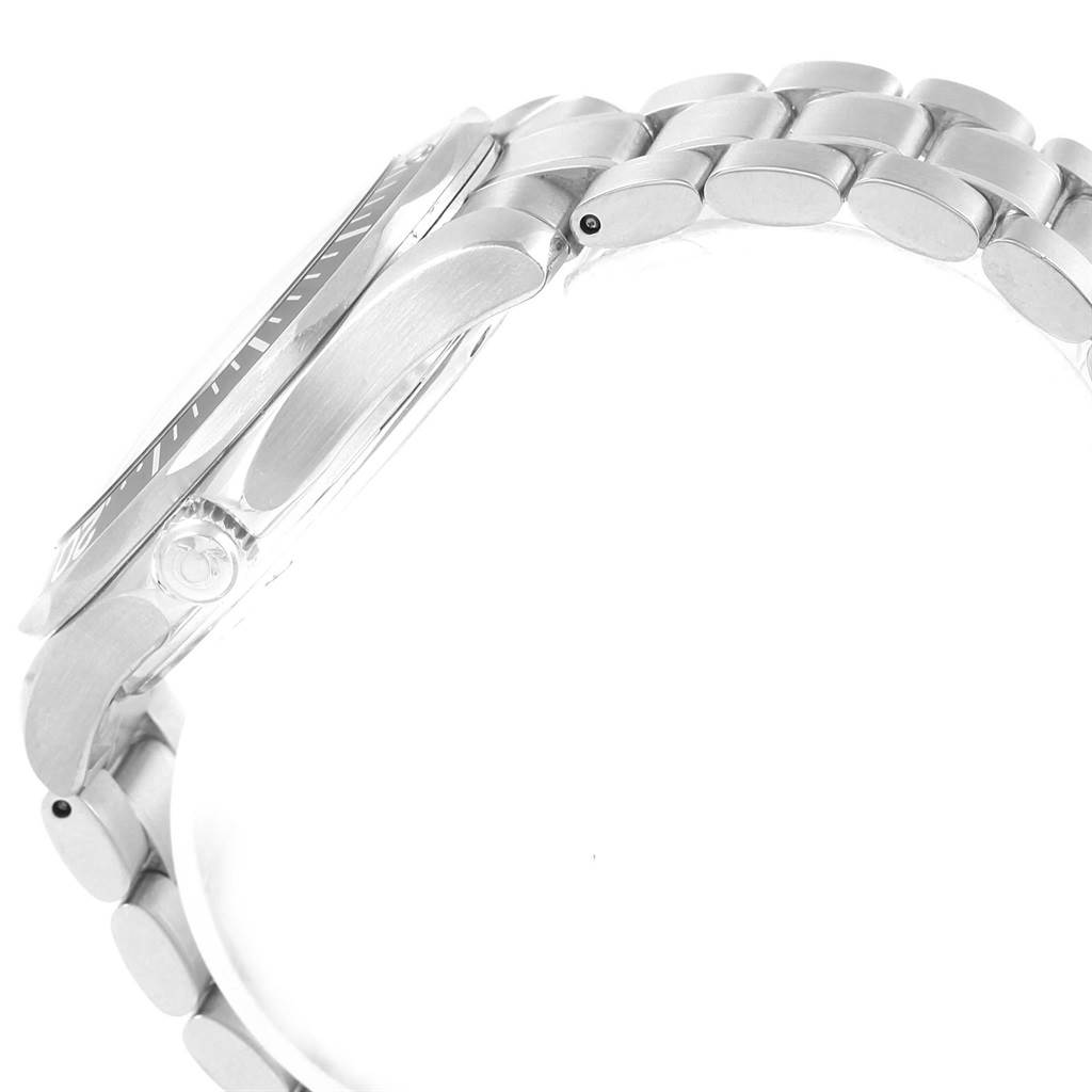 The image shows a side view of the Omega Seamaster 2254.50.00 Men
s Stainless Steel Black Dial 2254.50.00 Men
s Stainless Steel Black Dial watch, focusing on the stainless steel case, bezel, crown, and bracelet.