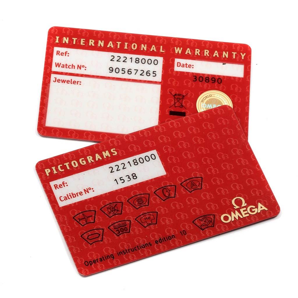 The image shows international warranty and pictogram cards for the Omega Seamaster 2254.50.00 Men
s Stainless Steel Black Dial 2254.50.00 Men
s Stainless Steel Black Dial watch.