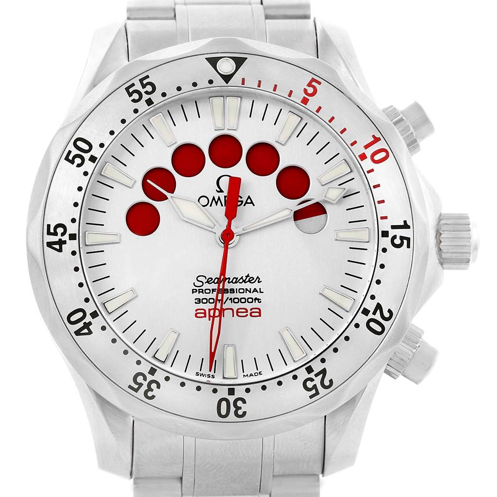 The Omega Seamaster 2595.30.00 Men
s Stainless Steel Silver Dial 2595.30.00 Men
s Stainless Steel Silver Dial watch is shown from a top-down angle, highlighting the dial, hands, bezel, and crown.