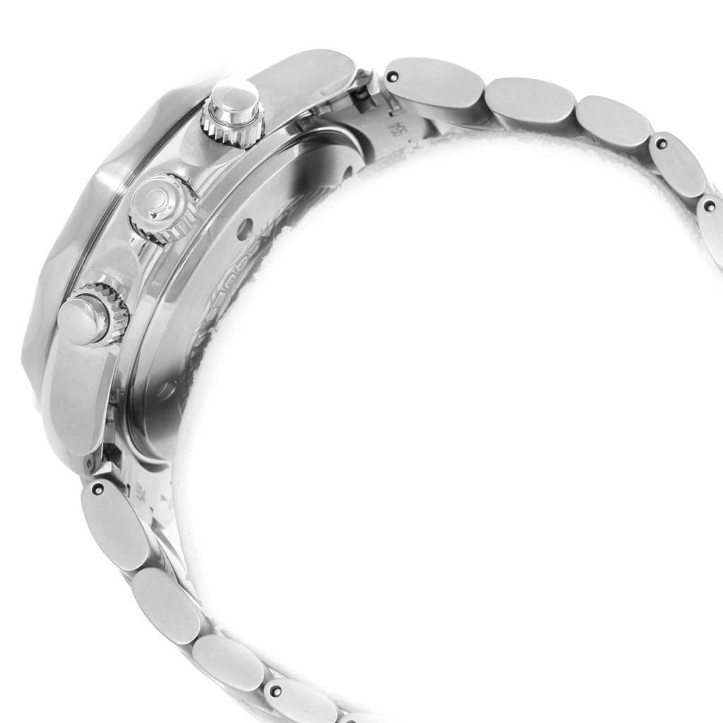 The image shows a side view of an Omega Seamaster 2595.30.00 Men
s Stainless Steel Silver Dial 2595.30.00 Men
s Stainless Steel Silver Dial watch, highlighting the crown, pushers, and part of the metal bracelet.