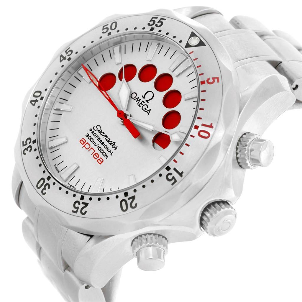 The Omega Seamaster 2595.30.00 Men
s Stainless Steel Silver Dial 2595.30.00 Men
s Stainless Steel Silver Dial watch is shown at a three-quarter angle, highlighting its face, bezel, and crown.