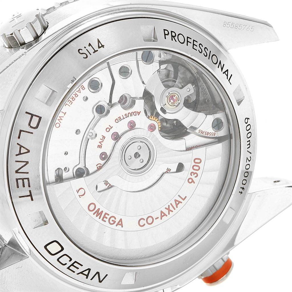 The image shows the back of an Omega Seamaster 232.30.46.51.01.002 Men
s Stainless Steel Black Dial 232.30.46.51.01.002 Men
s Stainless Steel Black Dial Planet Ocean watch, revealing its internal mechanical components.