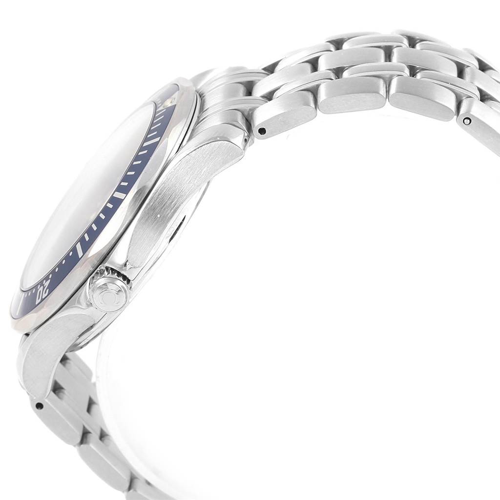 The image shows a side view of the Omega Seamaster 2531.80.00 Men
s Stainless Steel Blue Dial 2531.80.00 Men
s Stainless Steel Blue Dial watch, focusing on the crown, bezel, and part of the bracelet.