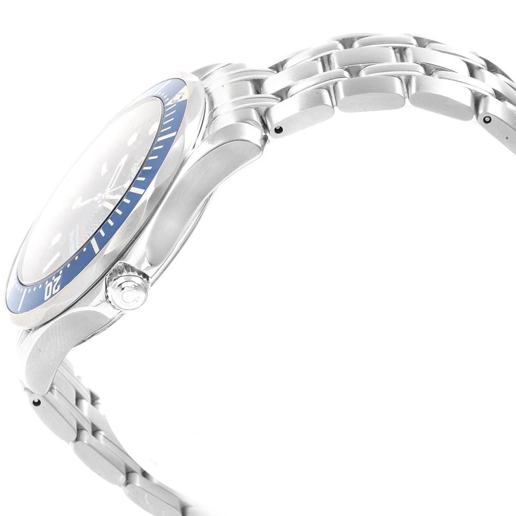The Omega Seamaster 2221.80.00 Men
s Stainless Steel Blue Dial 2221.80.00 Men
s Stainless Steel Blue Dial watch is shown from a side angle, highlighting its bezel, crown, and metal bracelet.