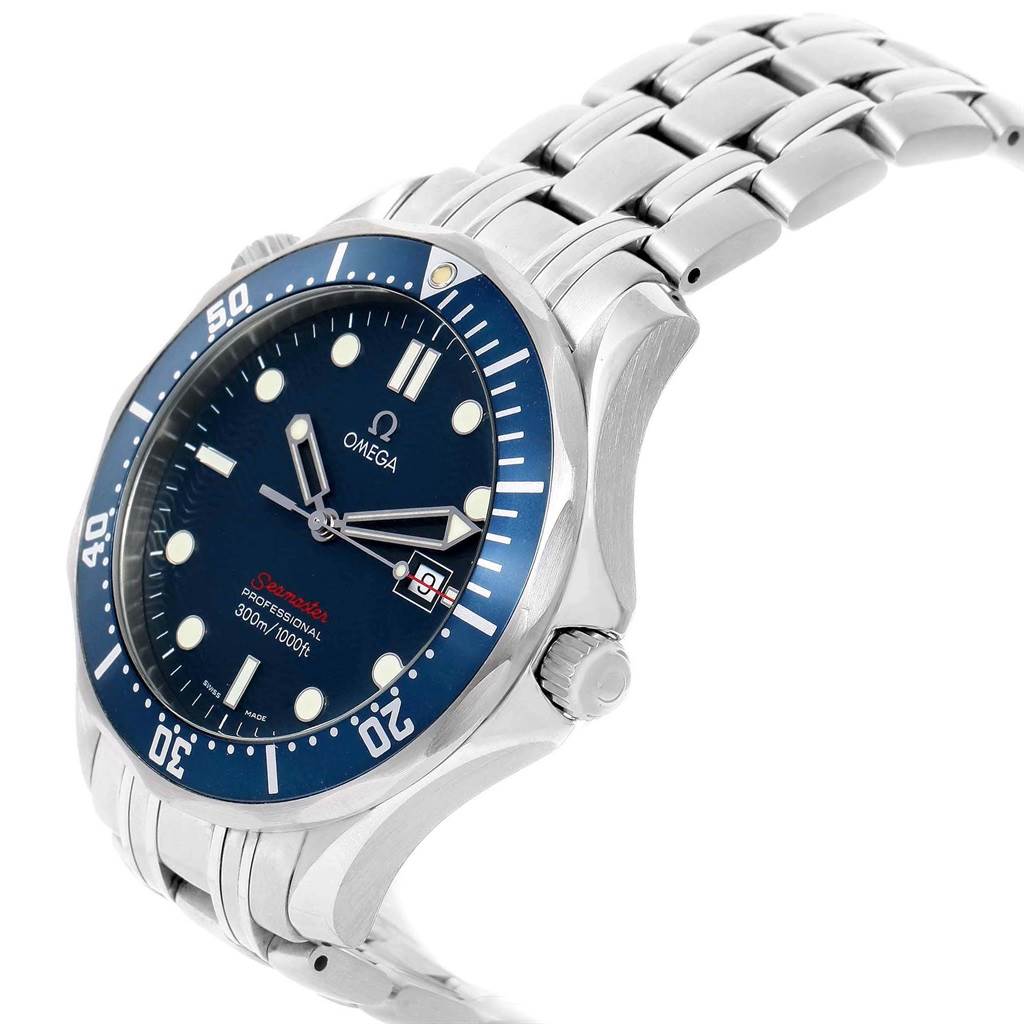 The image shows a side angle of an Omega Seamaster 2221.80.00 Men
s Stainless Steel Blue Dial 2221.80.00 Men
s Stainless Steel Blue Dial watch, highlighting the face, bezel, crown, and bracelet.