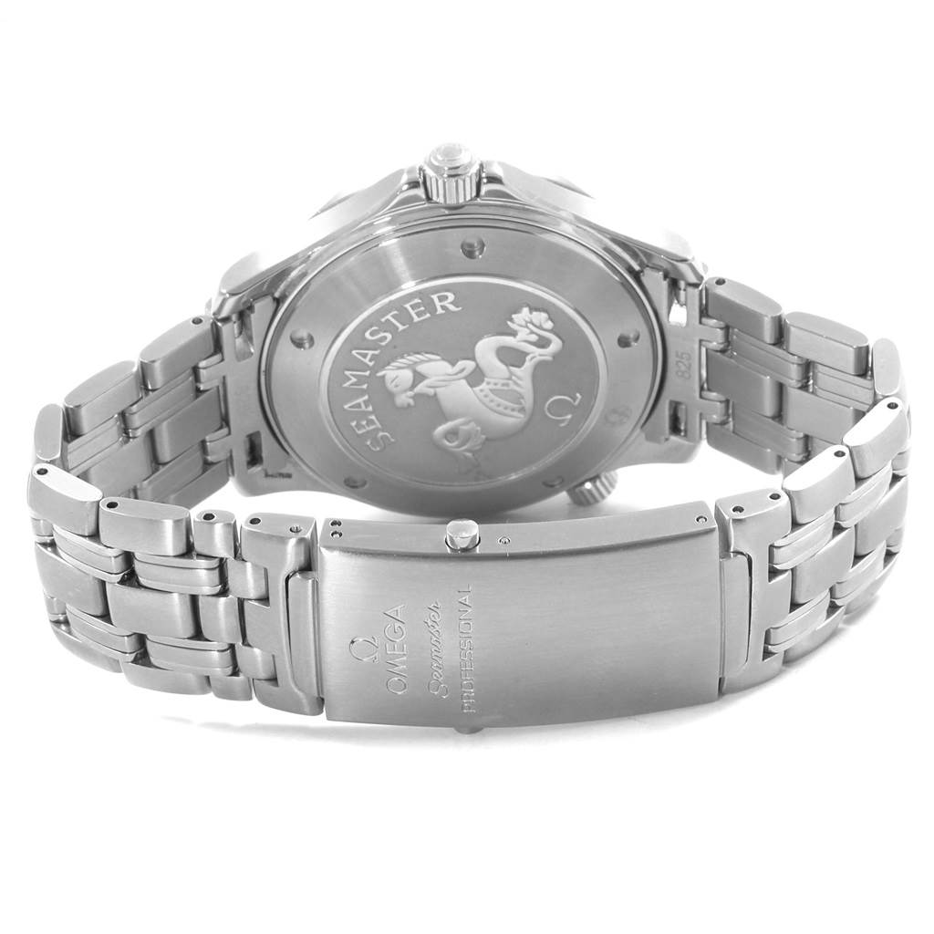 This image shows the back of an Omega Seamaster 2221.80.00 Men
s Stainless Steel Blue Dial 2221.80.00 Men
s Stainless Steel Blue Dial watch, highlighting the engraved case back and metal bracelet with clasp.