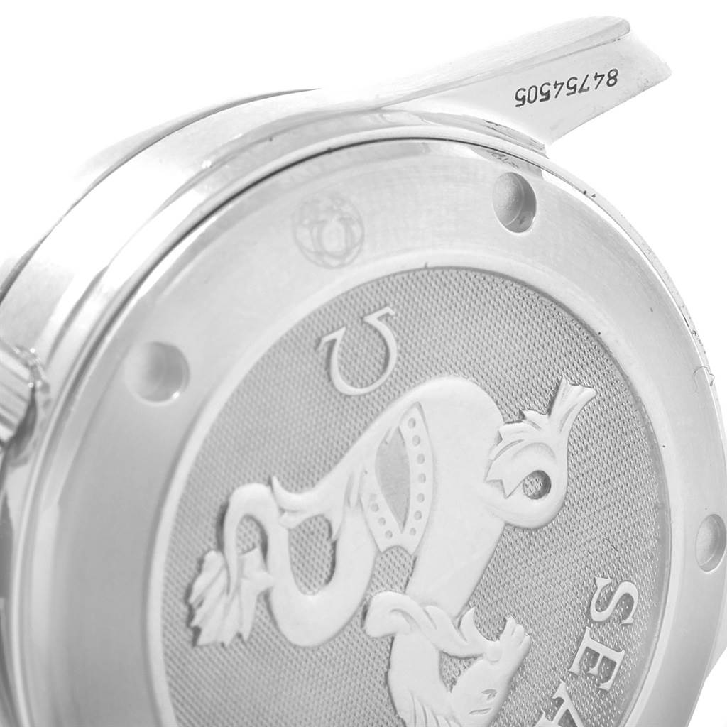 The image shows the engraved case back of an Omega Seamaster 2222.80.00 Men
s Stainless Steel Blue Dial 2222.80.00 Men
s Stainless Steel Blue Dial watch, highlighting the seahorse emblem and part of the serial number.