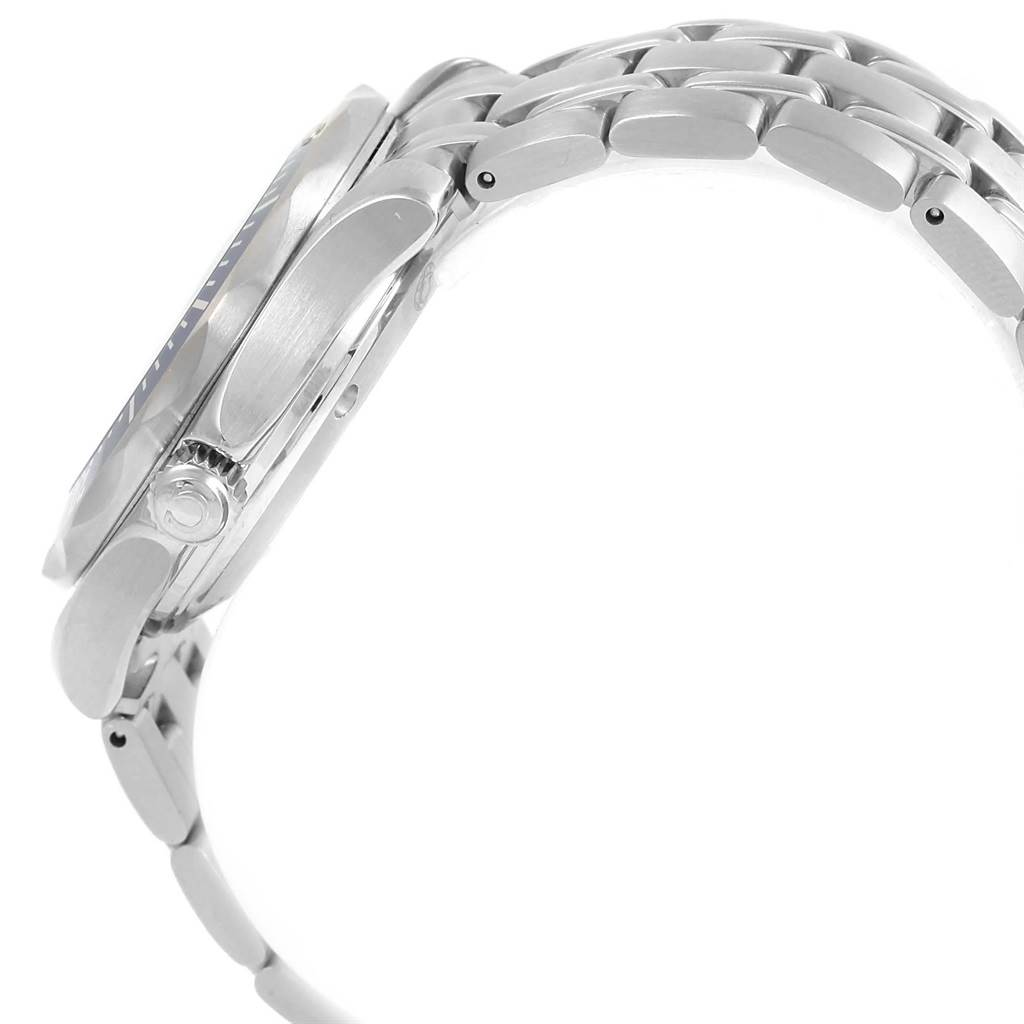 The image shows a side view of the Omega Seamaster 2222.80.00 Men
s Stainless Steel Blue Dial 2222.80.00 Men
s Stainless Steel Blue Dial watch, focusing on the bracelet, crown, and thickness of the case.