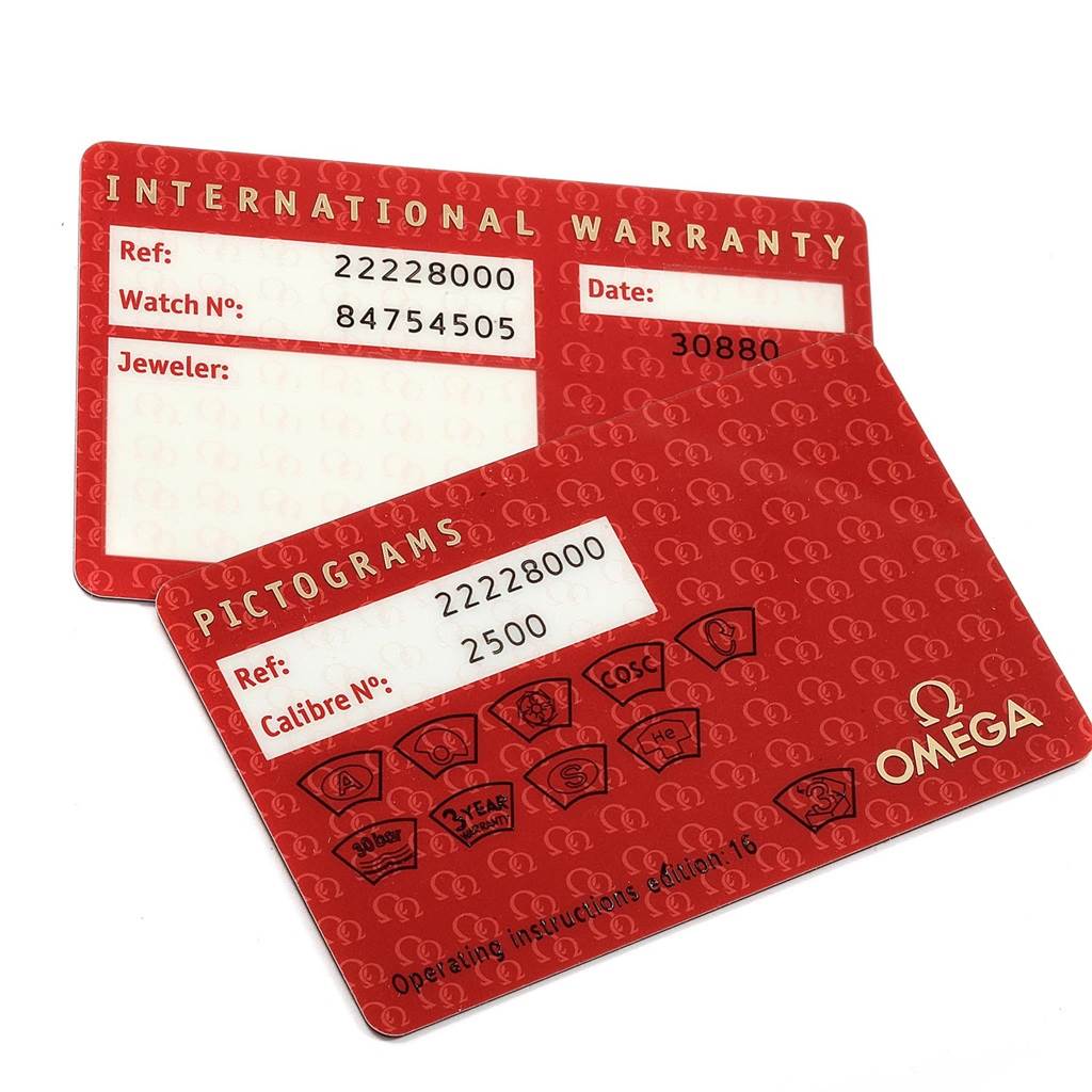 The image shows the international warranty and pictograms cards for the Omega Seamaster 2222.80.00 Men
s Stainless Steel Blue Dial 2222.80.00 Men
s Stainless Steel Blue Dial watch, both displayed flat.