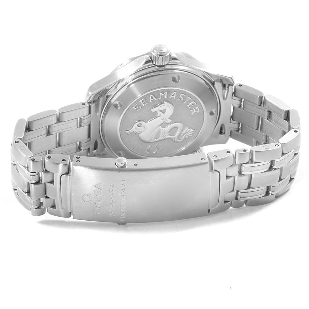 The image shows the back case and metal bracelet of an Omega Seamaster 2222.80.00 Men
s Stainless Steel Blue Dial 2222.80.00 Men
s Stainless Steel Blue Dial watch.