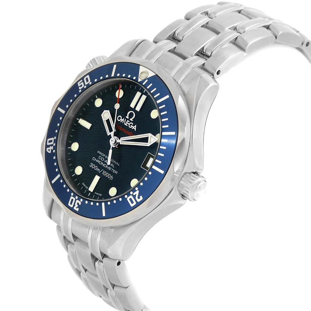 The image shows an angled side view of an Omega Seamaster 2222.80.00 Men
s Stainless Steel Blue Dial 2222.80.00 Men
s Stainless Steel Blue Dial watch, highlighting the face, bezel, crown, and part of the bracelet.