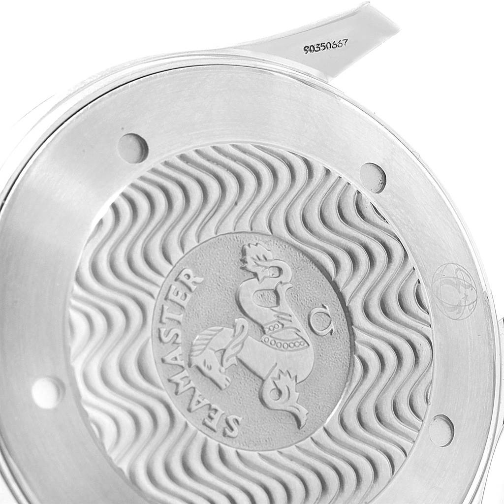 The image shows the back of an Omega Seamaster 2264.50.00 Men
s Stainless Steel Black Dial 2264.50.00 Men
s Stainless Steel Black Dial watch, highlighting the engraved Seamaster logo and wave pattern.