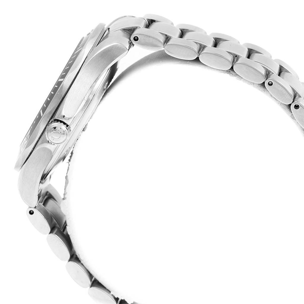 The image shows a side view of the Omega Seamaster 2264.50.00 Men
s Stainless Steel Black Dial 2264.50.00 Men
s Stainless Steel Black Dial watch, focusing on the case, crown, and metal bracelet links.