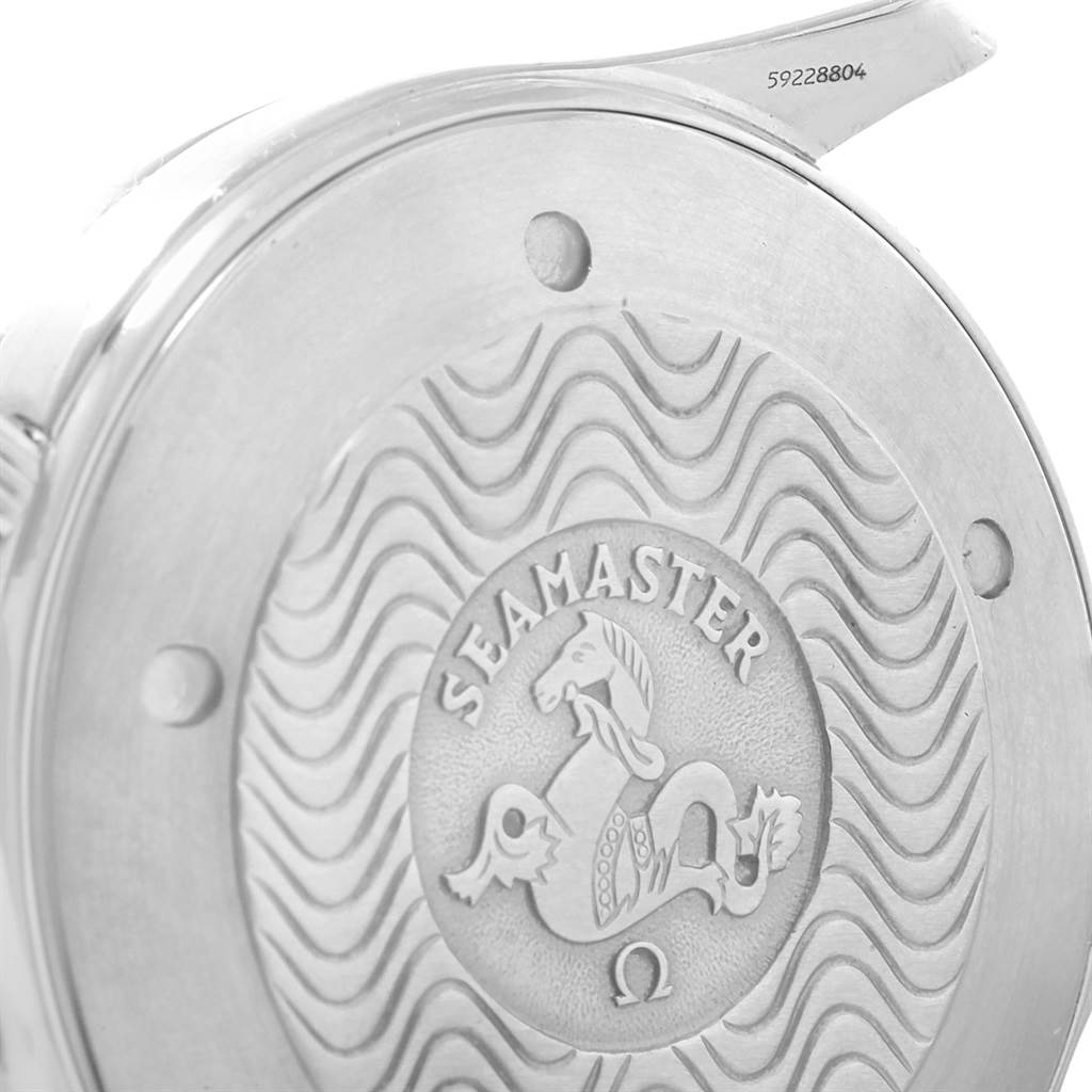 The image shows the back case of an Omega Seamaster 2541.80.00 Men
s Stainless Steel Blue Dial 2541.80.00 Men
s Stainless Steel Blue Dial watch, featuring the embossed Seamaster logo with a hippocampus.